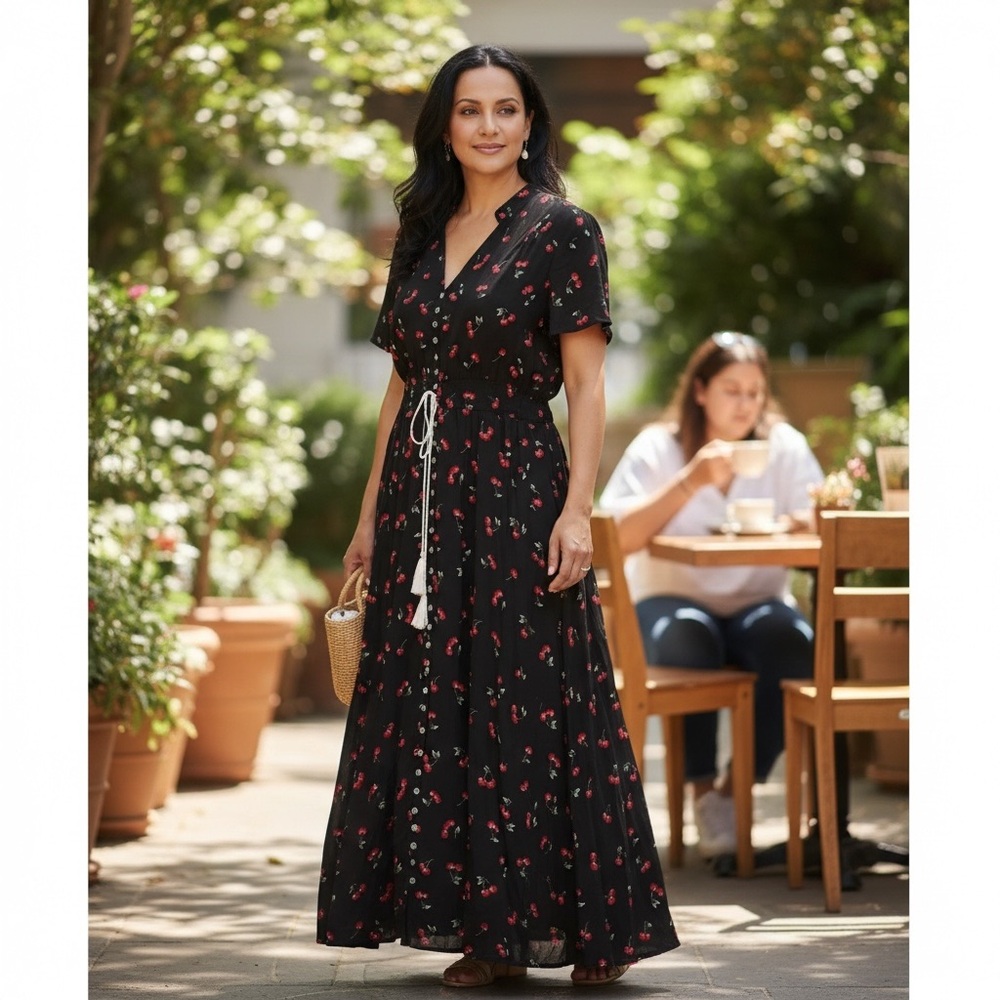 Black Cherry Print Maxi Dress - Picture 3 of 6